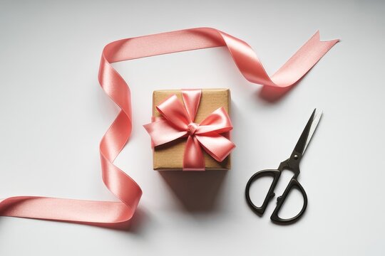 A wrapped gift box with pink ribbon and scissors on a white surface