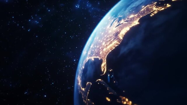 Seamless video loop, view from space of the night planet Earth with the lights of the world's evening cities. Globe rotation day to night skyline. Realistic repeatable animation. 4k footage