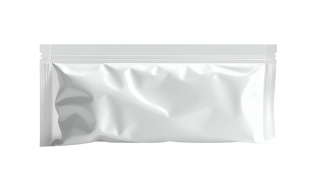 A sealed white pouch with crinkled, reflective surface against a black background