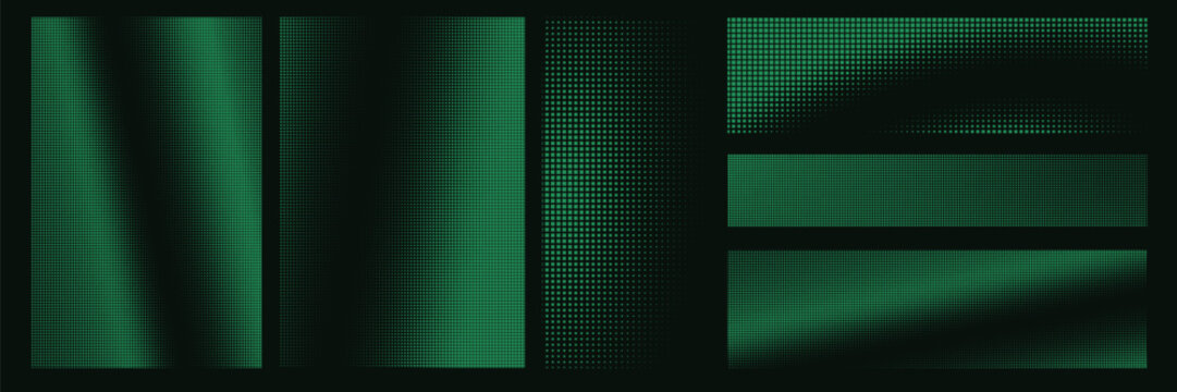 Set of green bitmap pixel background with gradient pattern and 8bit art. Glitch video game design.