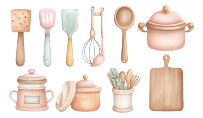 Soft Pastel Kitchen Utensils Collection on Transparent Background for Creative Use