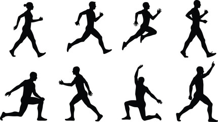 Silhouette of people running, walking, jumping, and exercising, active human body movement poses isolated on white background, fitness concept