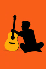 Silhouette of A Young and Soulful Seated Acoustic Guitarist in Contemplation &ndash; Orange Background Music Illustration