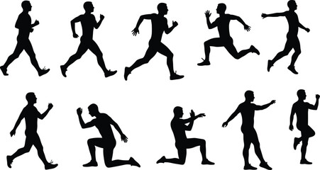 Silhouette of athletic men running, jumping, exercising, and stretching, isolated on white background, concept of fitness, motion, and strength