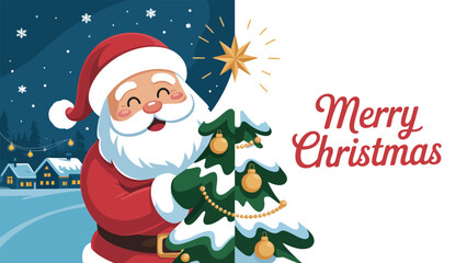 Santa Claus placing golden star on Christmas tree with gifts, snowy village night sky, and “Merry Christmas” text in festive red script