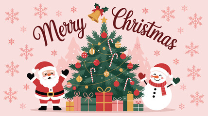 Merry Christmas illustration with Santa, snowman, decorated tree, gift boxes, golden bells, and festive background with snowflakes and trees