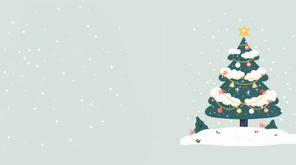 Christmas tree decorated with ornaments and snow on light background  