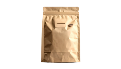A brown paper pouch with a zip-lock seal, and a coffee bean, isolated on a black background