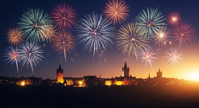 Hogmanay luminous gradient from deep sapphire to bright amber, fireworks bursting across winter sky - Powered by Adobe