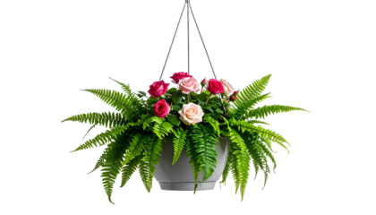 Hanging floral arrangement with roses and fern fronds, suspended against black background