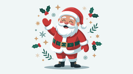Cartoon Santa Claus waving with festive decorations, holly, snowflakes, stars, and pine branches on light Christmas background