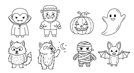 Cute Halloween Monsters Line Art.
