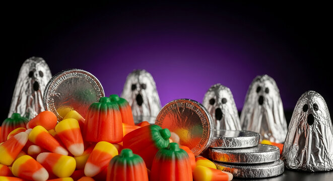 Pile of candy corn, pumpkin shaped sweet, chocolate coins, and ghost shaped sweets with purple background, representing a festive Halloween treat