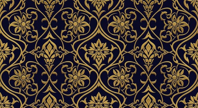 Ornate gold floral damask pattern on dark blue background for luxurious design