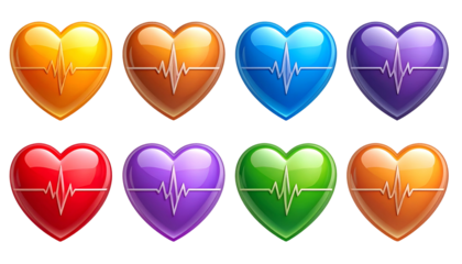Eight glossy, colorful hearts each with a heartbeat line, arranged in two rows on black