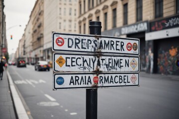 Obraz premium Stark beklebtes und besprühtes Straßenschild in einer belebten europäischen Großstadt