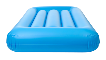 Bright blue, inflatable rectangular raft with raised headrest, isolated on a transparent background