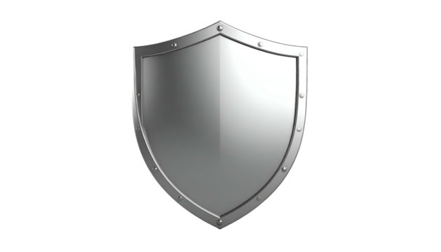 Shiny, silver, medieval-style shield with rivets, set against a black, empty background