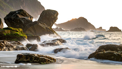 Rugged coast scene. Waves crash on mossy rocks, mountains in background. Long exposure effect