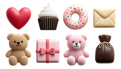 Colorful Collection of Cute Objects Including Hearts, Cupcakes, and Teddy Bears