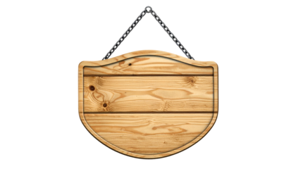 Wooden shield-shaped sign with visible grain, hanging by a black wire against a dark background