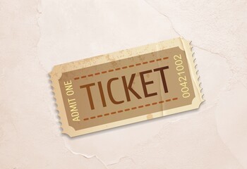 Single vintage admission film ticket on background