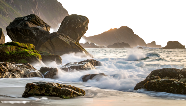 Rugged coast scene. Waves crash on mossy rocks, mountains in background. Long exposure effect - Powered by Adobe