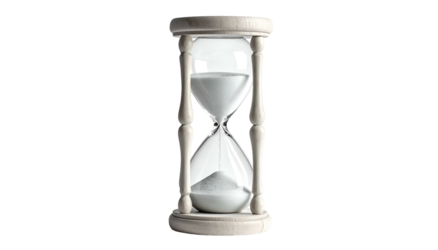 A classic hourglass with sand partially poured; white, against a black background