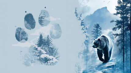 Bear paw print and walking bear in snowy forest scenery  