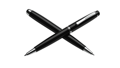 Two shiny black pens crossed against a stark black background. Sleek, sophisticated, and ready