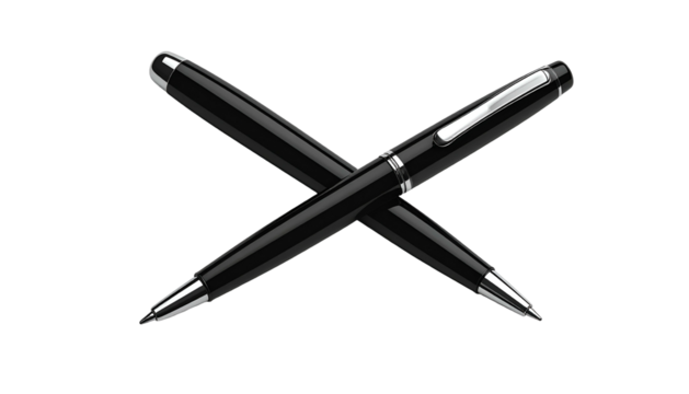 Two shiny black pens crossed against a stark black background. Sleek, sophisticated, and ready