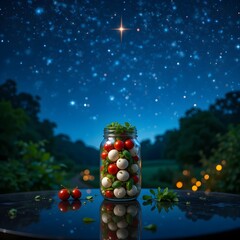 Magical night captures fresh caprese salad jar under starry sky, perfect for culinary inspiration