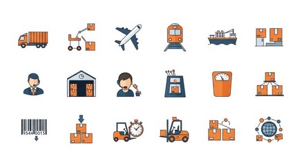 Logistics and Supply Chain Vector Icons, Transportation, Delivery, Packaging, and Global Trade Symbols in Orange and Blue Flat Design on White Background