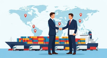 Global Logistics Partnership , Businessmen Shaking Hands with Cargo Ship, Trucks, and World Map Showing International Trade Routes