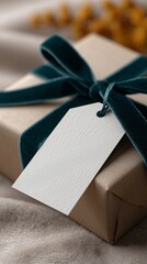 A stylishly wrapped present for a celebration, featuring a satin bow and a customizable label for personalized holiday or wedding messages.