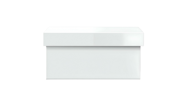 Front view of a closed white rectangular box with a lid, floating against a black background