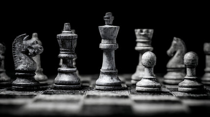 Fototapeta premium Close-up of weathered chess pieces on a dark board, shallow depth of field, monochrome tones. texture
