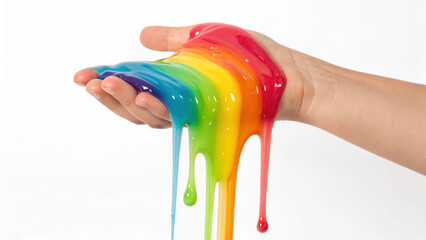 Rainbow slime drips over hand in bright glossy flow, playful and tactile art, vivid color spectrum melts with joy and calm sensation