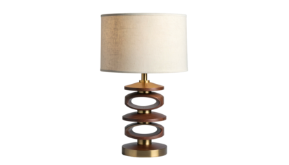 A stylish table lamp with a stacked wooden base, gold accents, and a beige cylindrical shade
