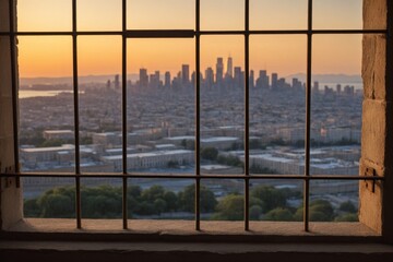 Sonnenuntergang &uuml;ber einer modernen Skyline gesehen durch Gitterst&auml;be eines Fensters ein starkes Bild f&uuml;r Gefangenschaft Freiheit