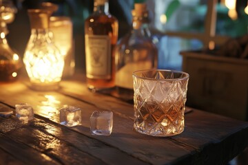 Cozy bar setting with glass of whiskey and ice cubes on rustic table