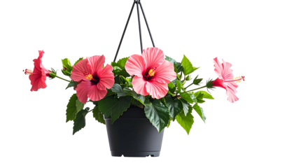 A hanging basket of pink hibiscus flowers in full bloom, set against a black background