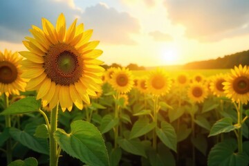 Fototapeta premium A vibrant field of sunflowers basking in the golden sunlight, their faces turned towards the sun, creating a breathtaking display of nature's beauty and the joy of summer , day, natural, landscape