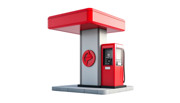 A 3D render of a red and white gas pump canopy and dispenser on a black background