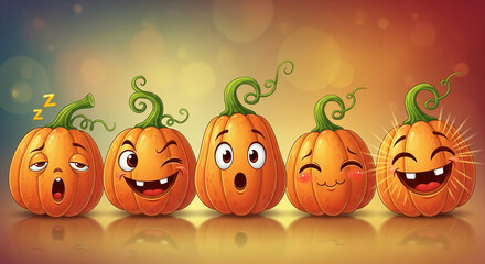 Five orange cartoon pumpkin with different emotion on gradient background, symbolic celebration of Autumn, Halloween season, and festive atmosphere