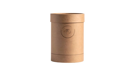 Cylindrical brown cardboard tube with a lid and a small circular symbol on the side