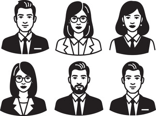 A collection of six black and white business people avatar icons featuring diverse professional men and women in formal attire.