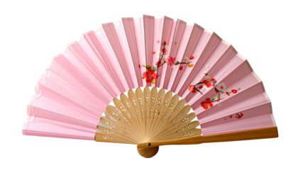 Folded pink paper fan, wooden handle, cherry blossom design, black background