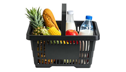 A full black shopping basket, filled with various groceries like fruits, bread, and drinks