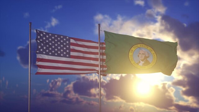 United States and Washington State Flags Waving at Sunset